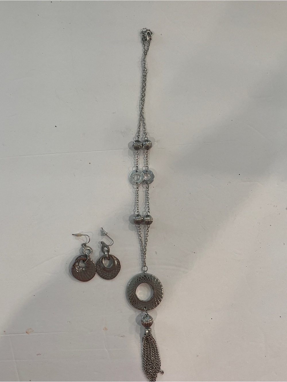 Premier Silver-Tone Circular Pendant Necklace with Tassel & Drop Earrings